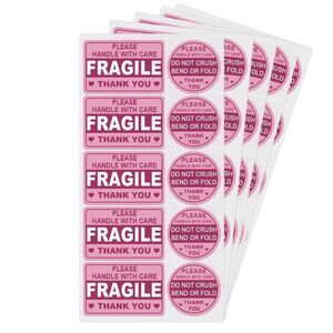 Pink Fragile - 100 Handle With Care Stickers - Do Not Crush Bend - Thank You